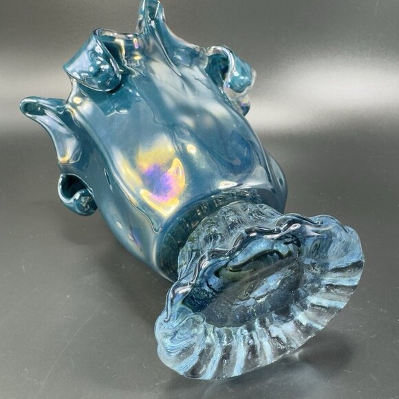 1980s Art Glass Abstract Vase Bowl Centerpiece Teal Blue Iridescent Finish Glass - Picture 8 of 15